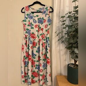 Vintage Cottagecore Garden Party Floral Sleeveless Linen-Blend Dress